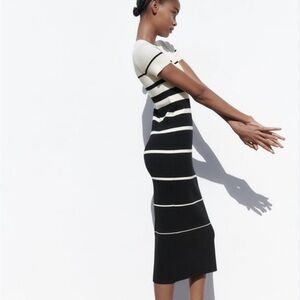 Zara Black and Cream Striped Midi Dress